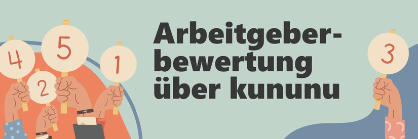 illustrierte Hände halten die Nummern 1 bis 5 hoch neben dem Text "Arbeitgeberbewertung über kununu"
