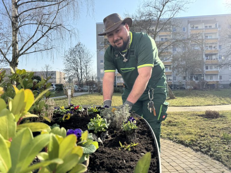 Gärtner bei der Arbeit an einem Hochbeet